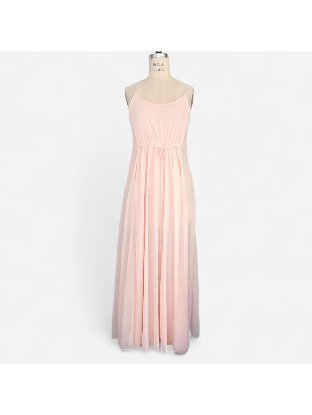 Vintage 90s Sheer Blush Pink Gathered Empire Maxi Slip Nightgown Dress Coquette